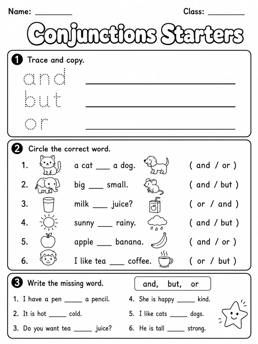 Conjunctions Starters Vocabulary Worksheet Pack