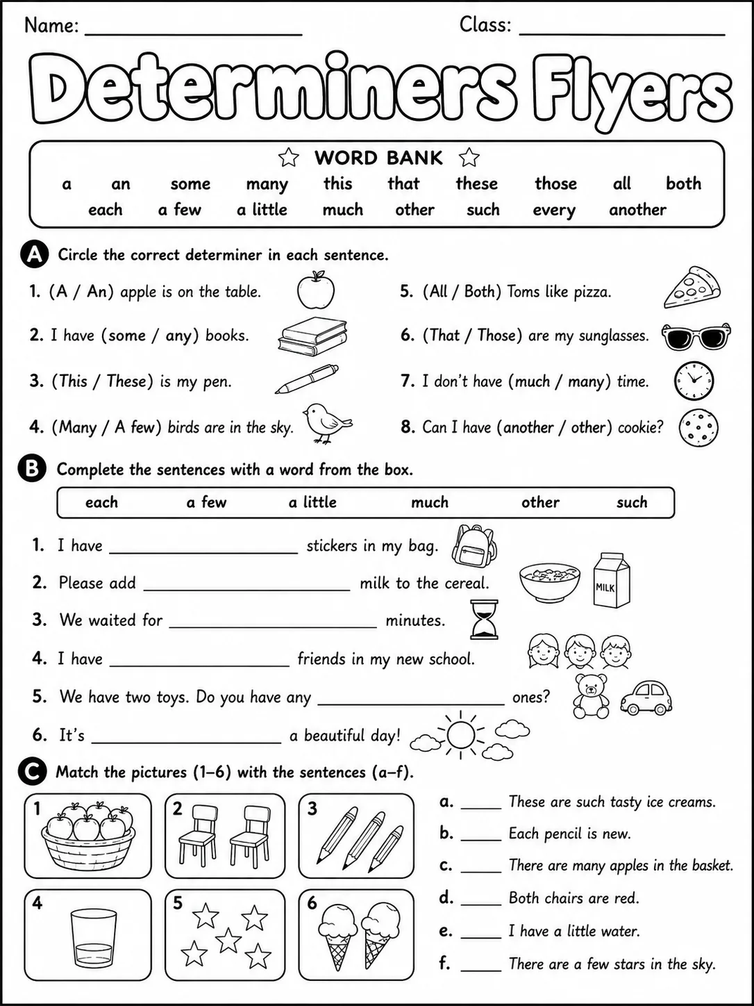 Determiners Flyers Vocabulary Worksheet Pack