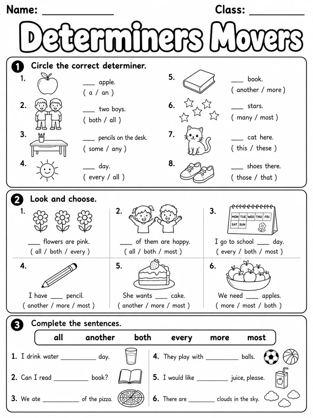 Determiners Movers Vocabulary Worksheet Pack