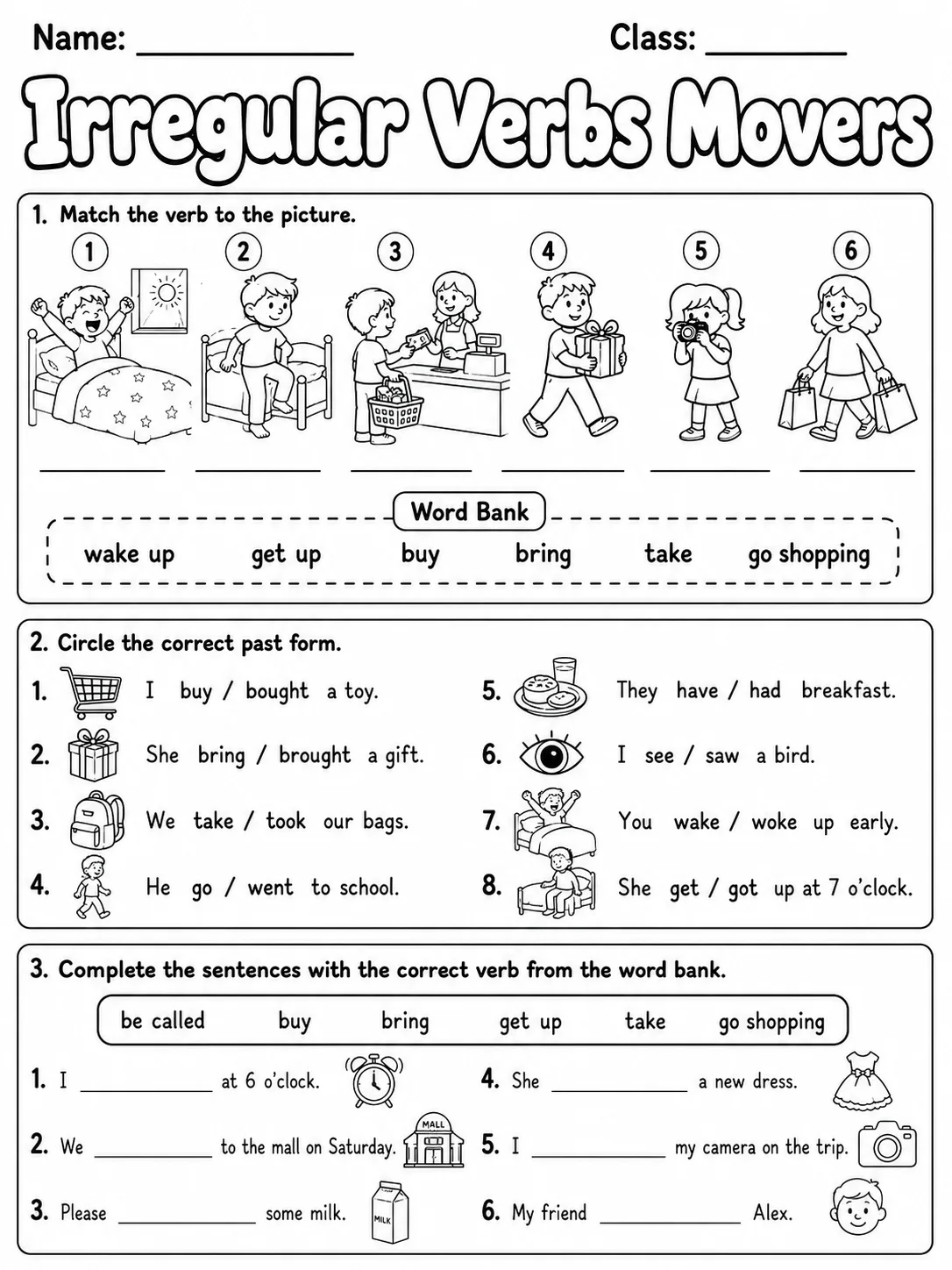 Irregular Verbs Movers Vocabulary Worksheet Pack