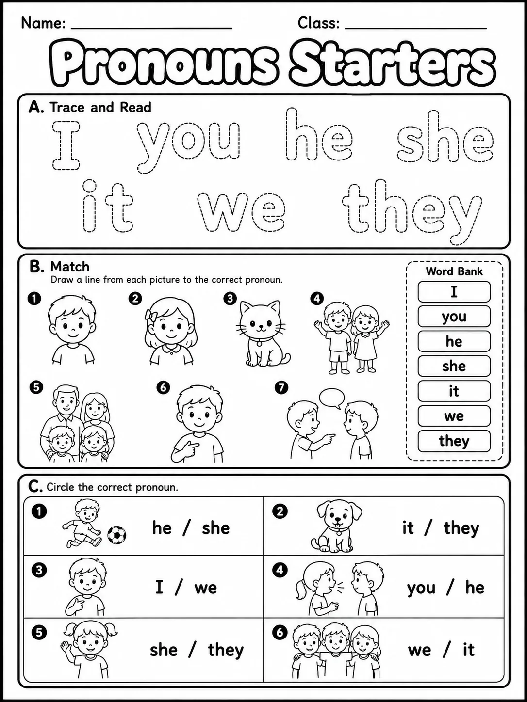 Pronouns Starters Vocabulary Worksheet Pack