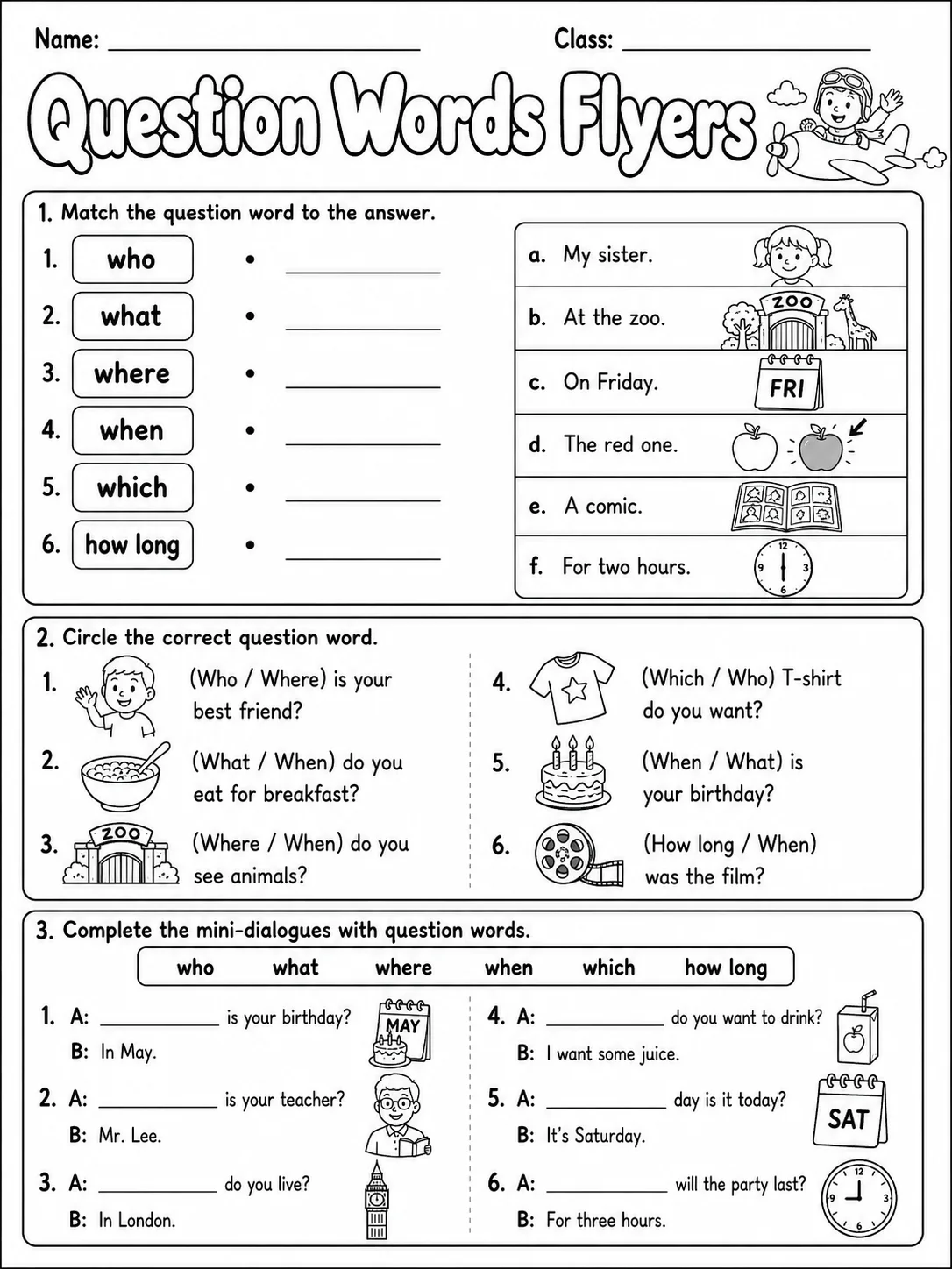 Question Words Flyers Vocabulary Worksheet Pack