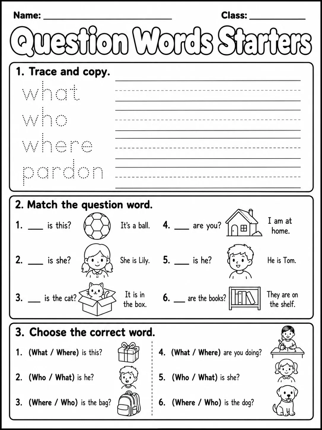 Question Words Starters Vocabulary Worksheet Pack