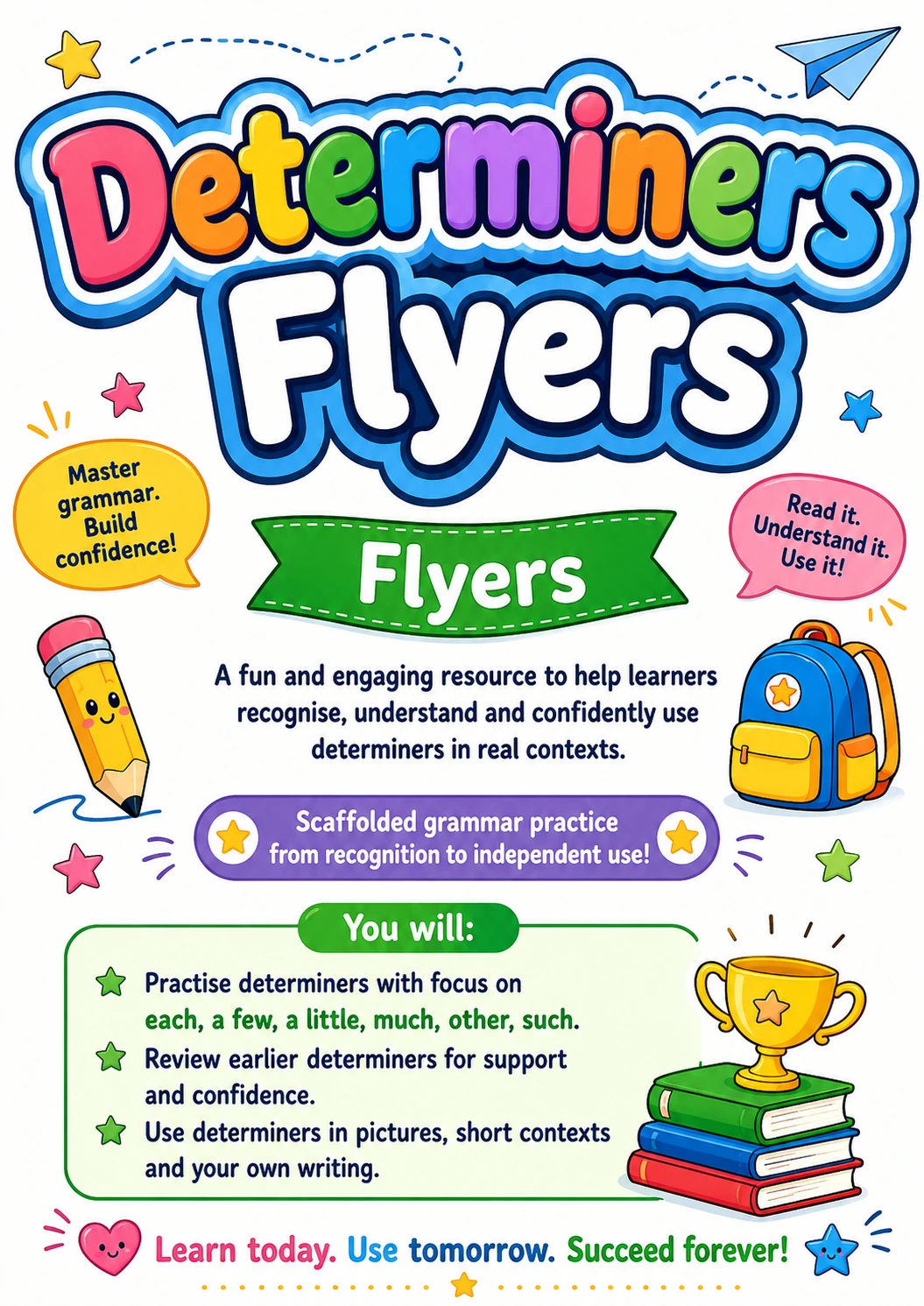 Determiners Flyers Grammar Worksheet Pack