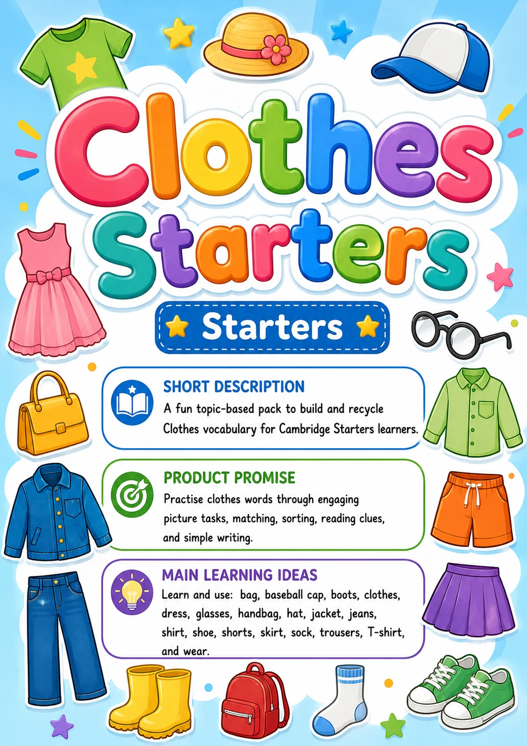 Clothes Starters Vocabulary Worksheet Pack