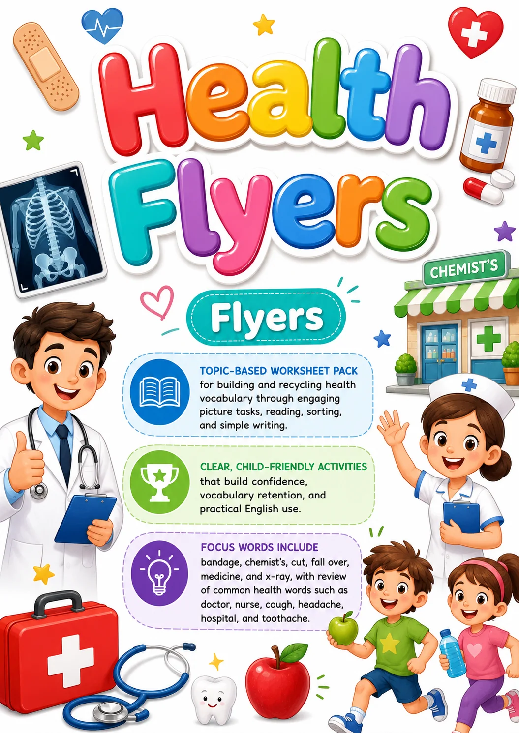 Health Flyers Vocabulary Worksheet Pack