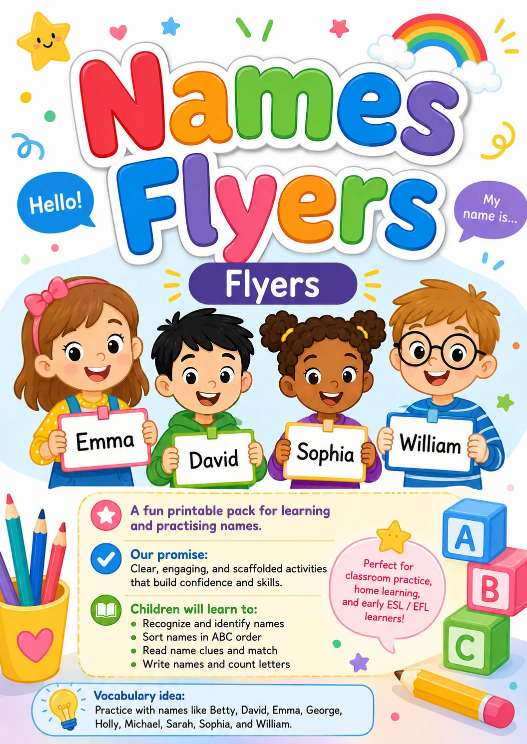 Names Flyers Vocabulary Worksheet Pack