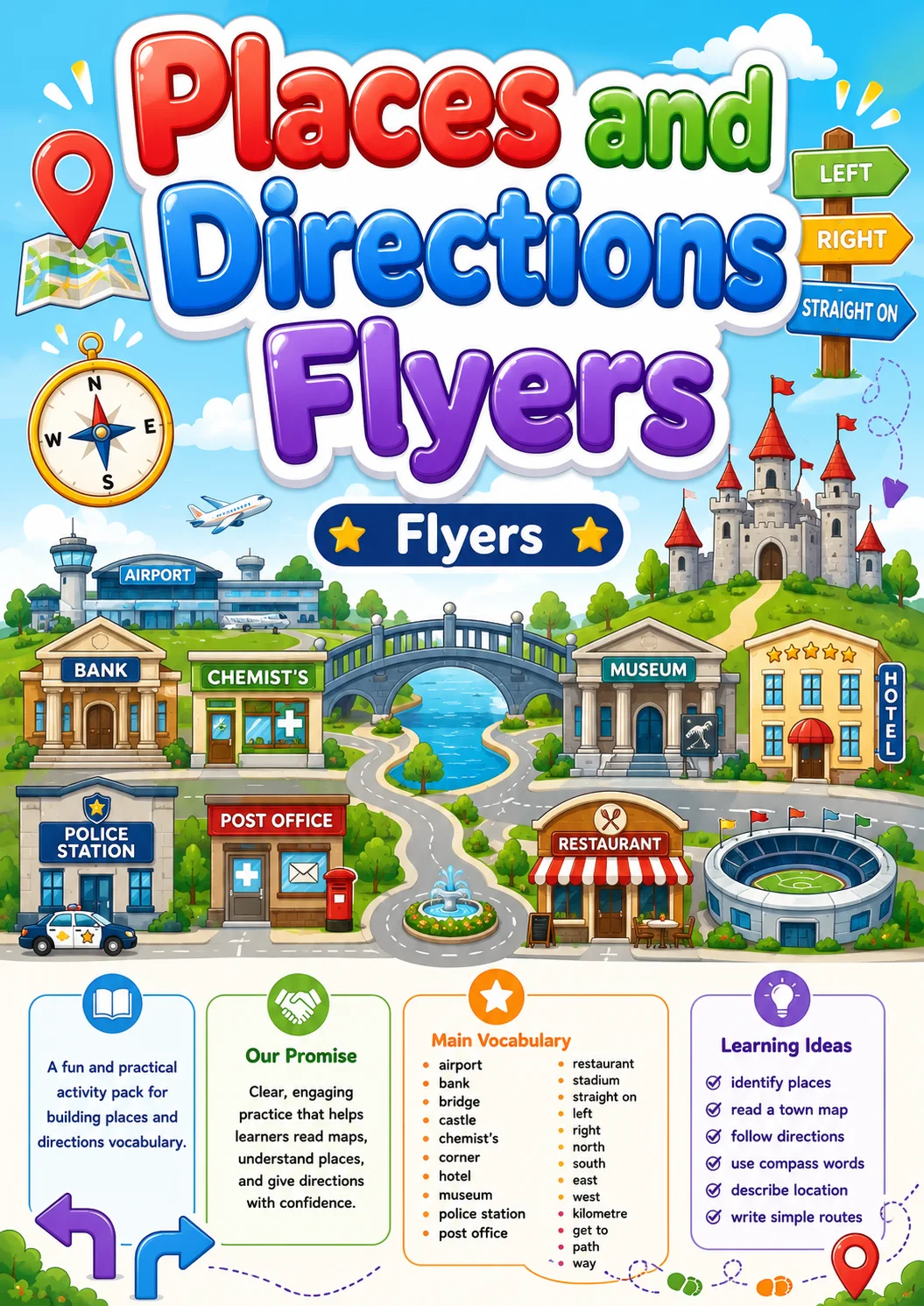 Places and Directions Flyers Vocabulary Worksheet Pack