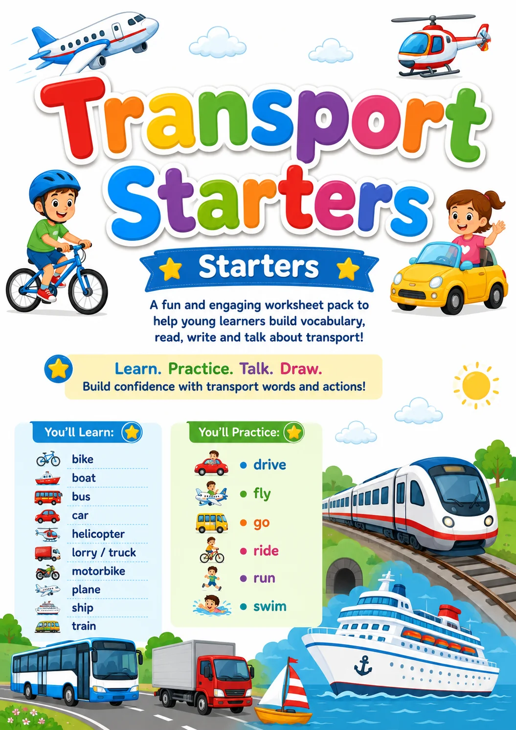 Transport Starters Vocabulary Worksheet Pack