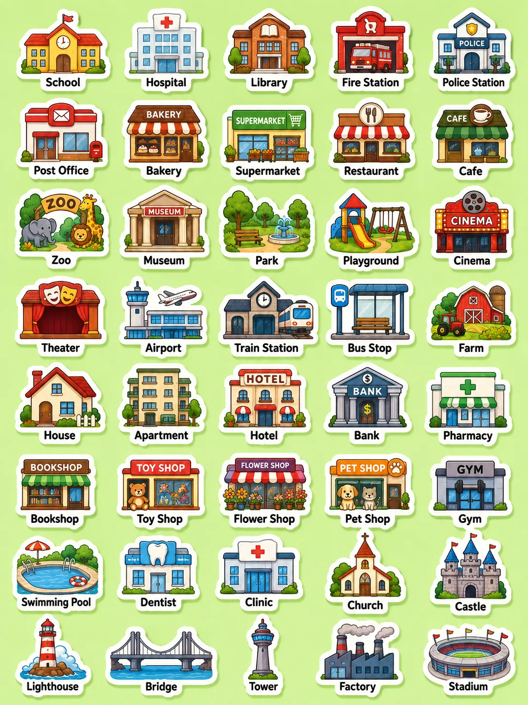 Places Around Town Printable Sticker Sheet - Set 2