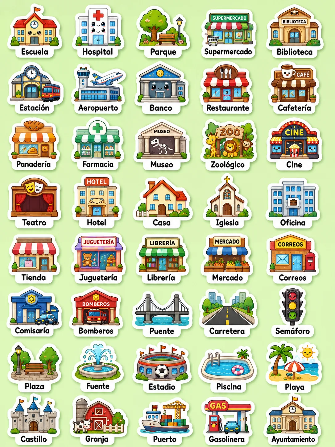 Lugares de la ciudad - Hoja de pegatinas imprimibles