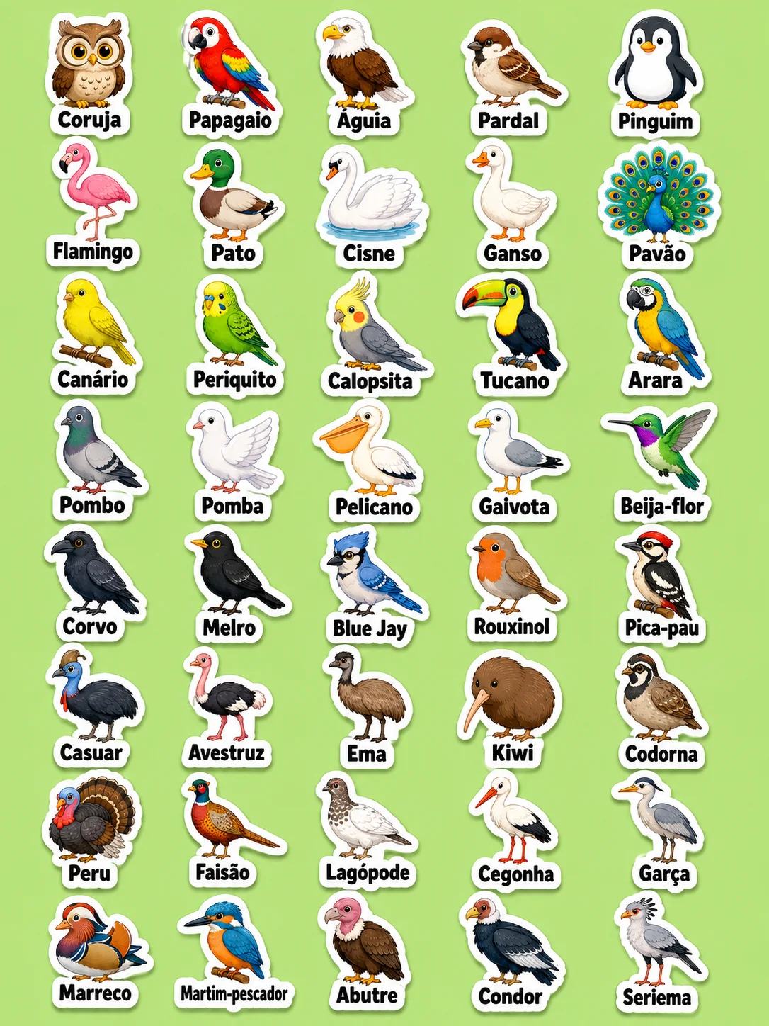 Aves - Folha de adesivos imprimíveis