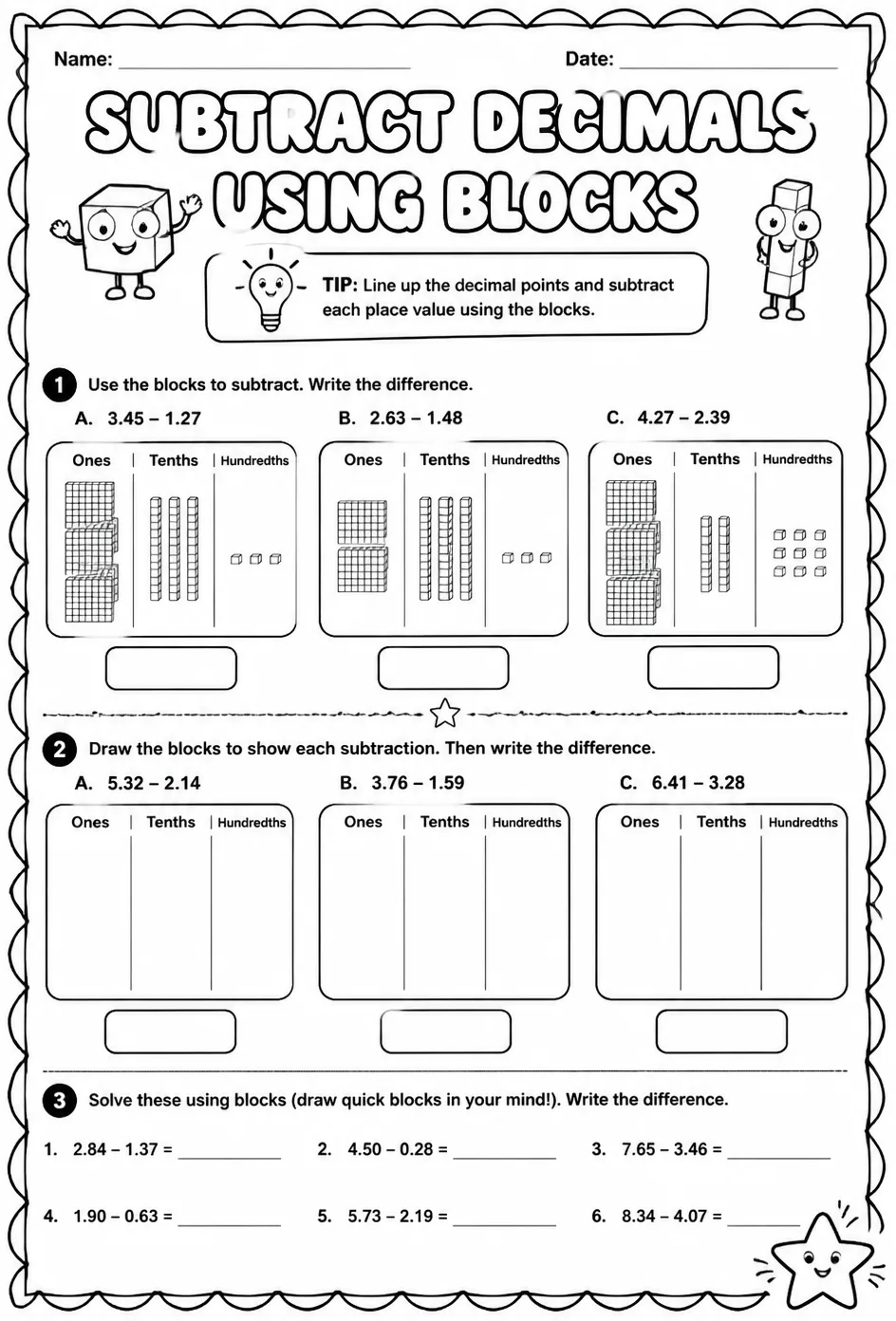 Subtract decimals using blocks