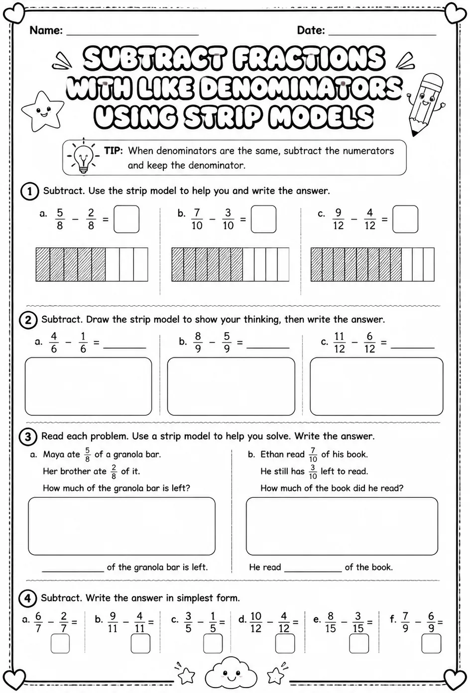 Subtract fractions with like denominators using strip models