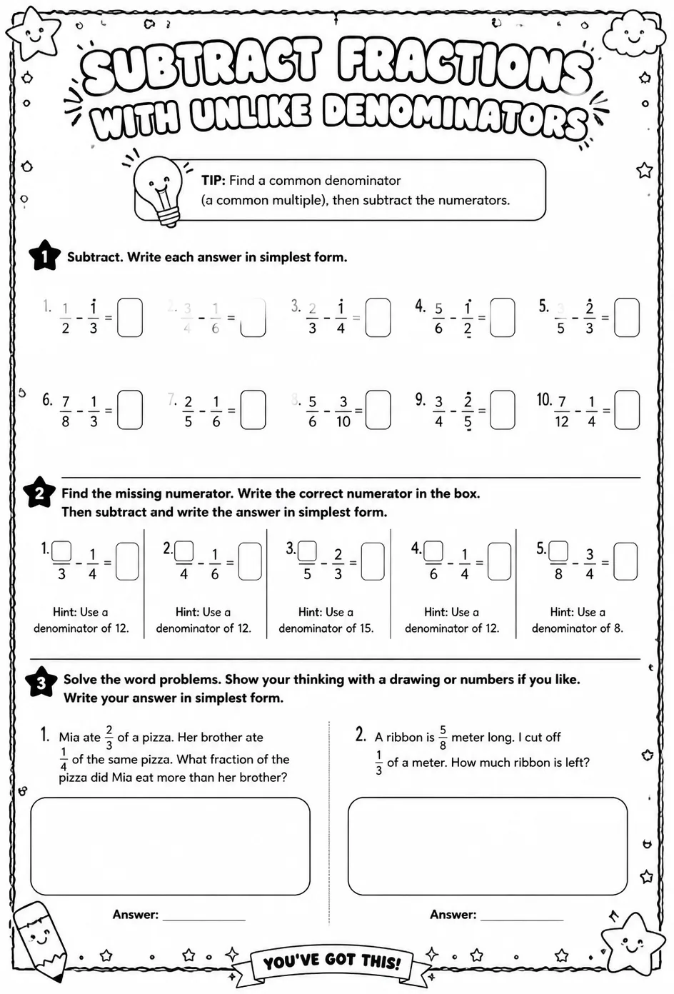 Subtract fractions with unlike denominators