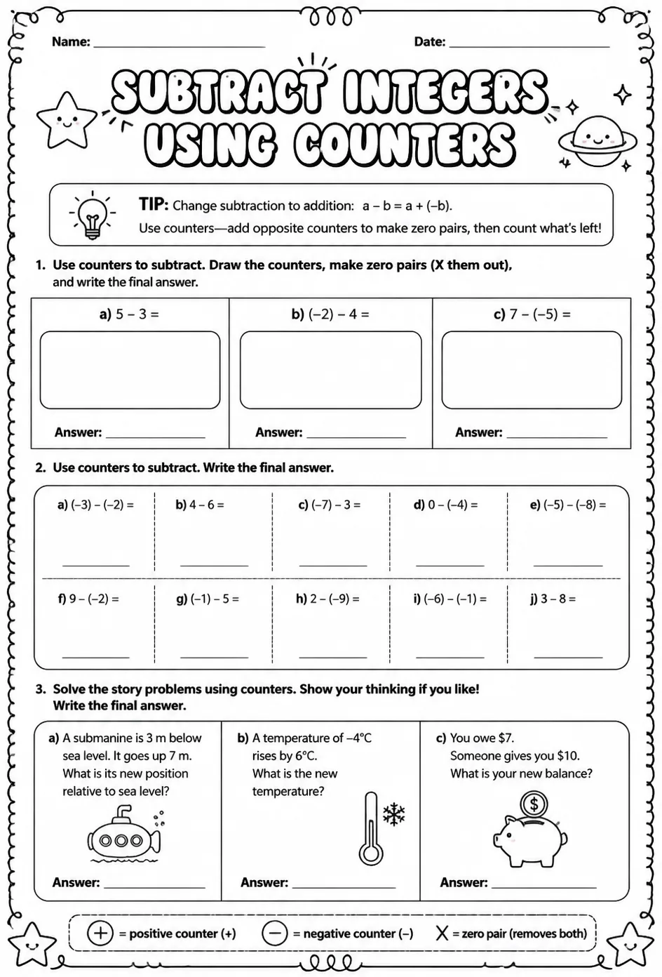 Subtract integers using counters