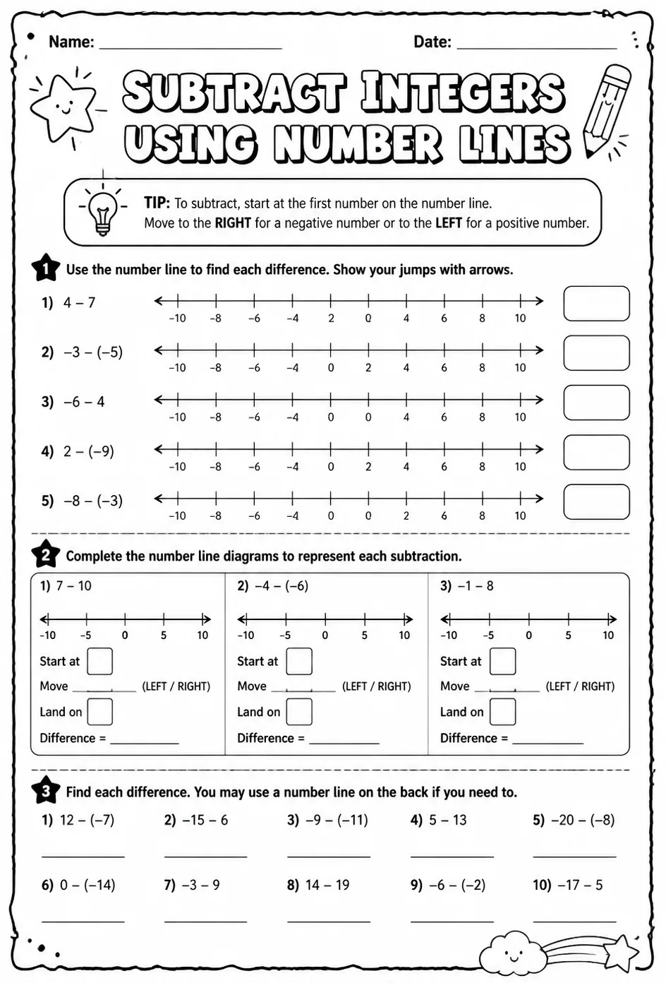 Subtract integers using number lines