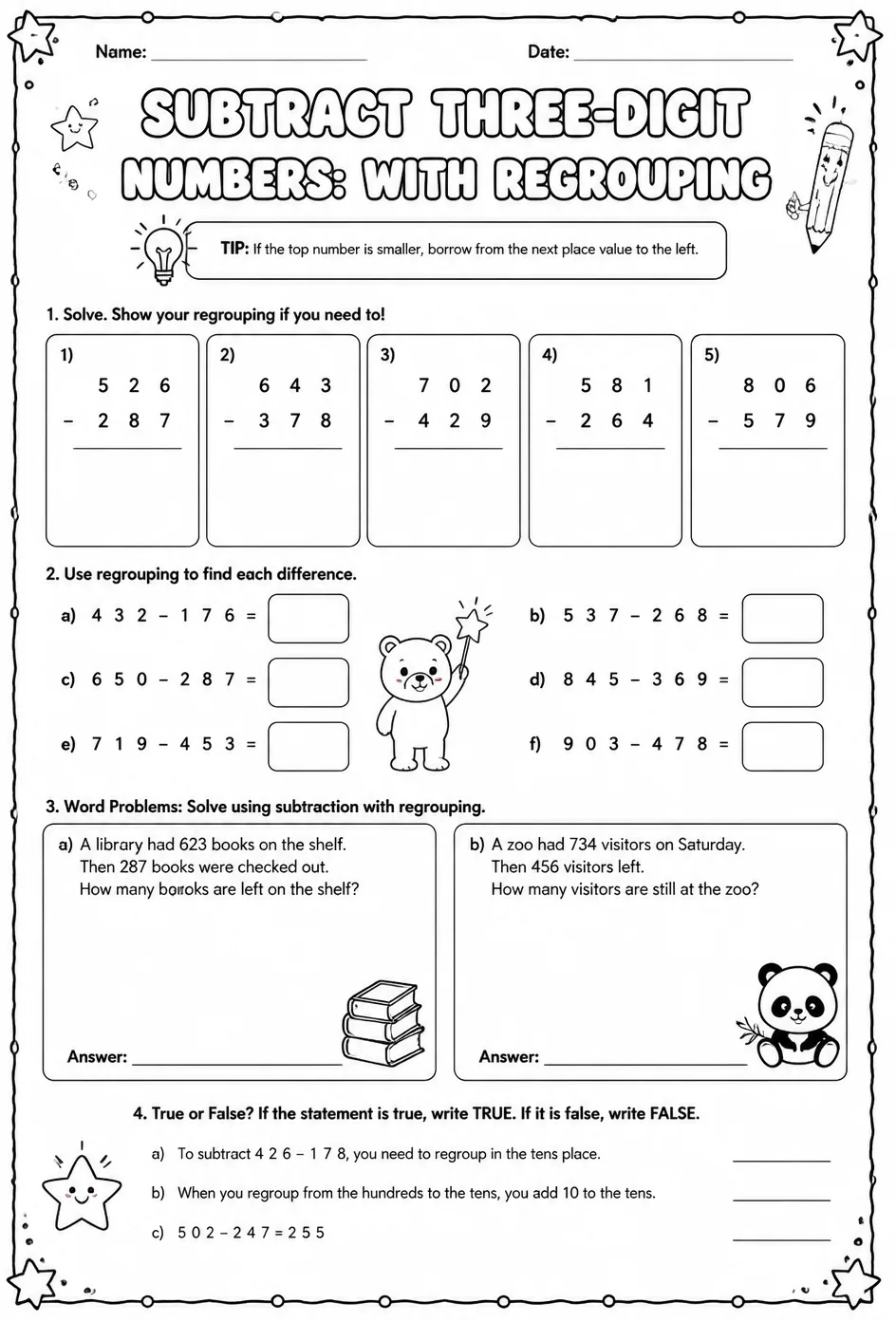 Subtract three-digit numbers: with regrouping