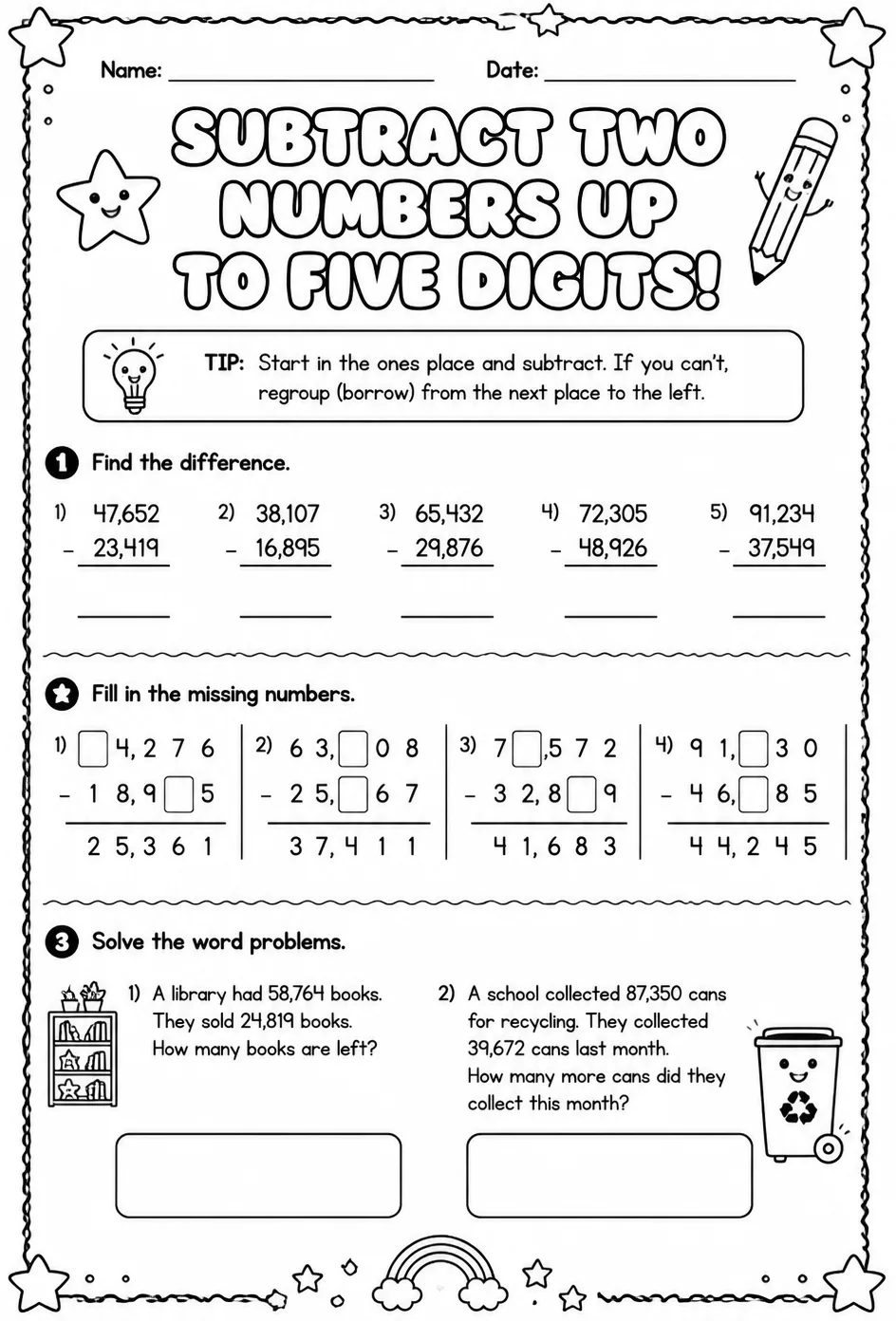 Subtract two numbers up to five digits