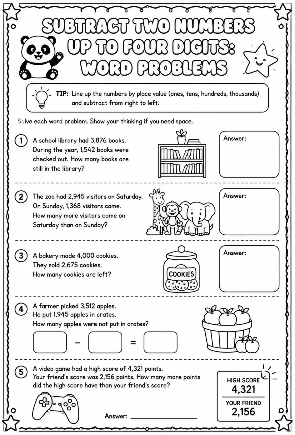Subtract two numbers up to four digits: word problems