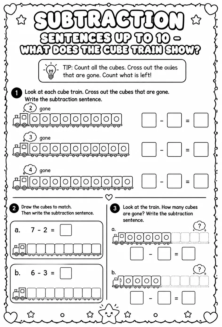 Subtraction sentences up to 10 - what does the cube train show?