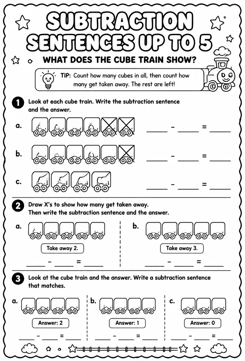 Subtraction sentences up to 5 - what does the cube train show?