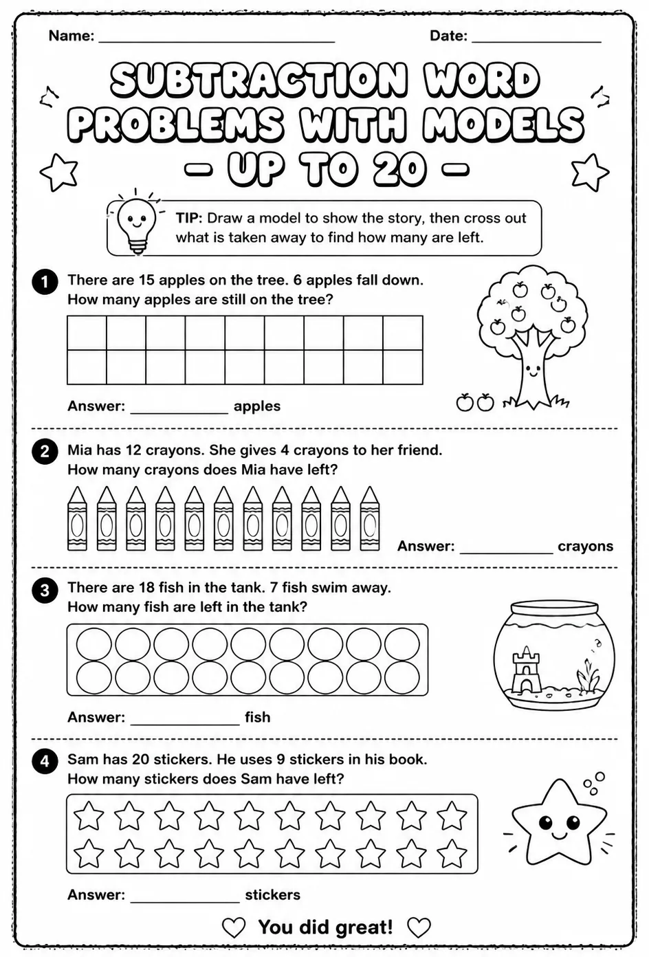 Subtraction word problems with models - up to 20