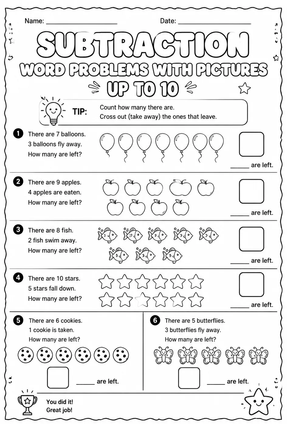 Subtraction word problems with pictures - up to 10