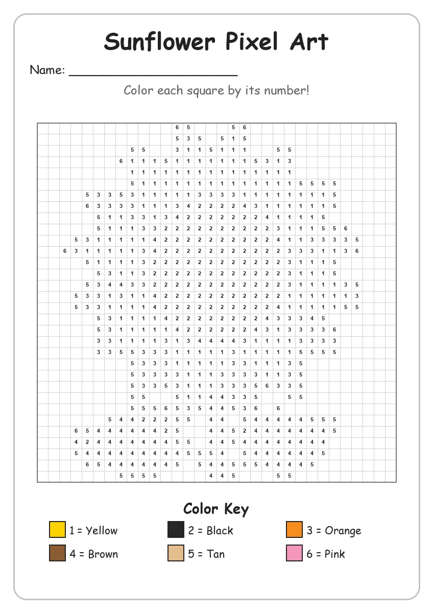Sunflower Pixel Art — Color by Number (Grade 2)