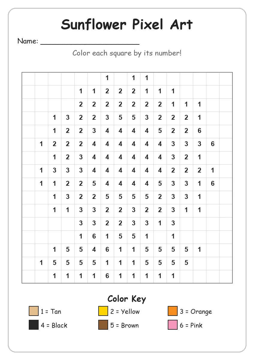 Sunflower Pixel Art — Color by Number (Kindergarten)