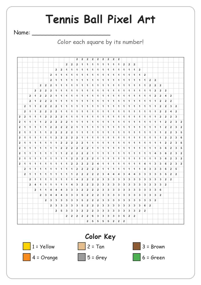 Tennis Ball Pixel Art — Color by Number (Grade 2)
