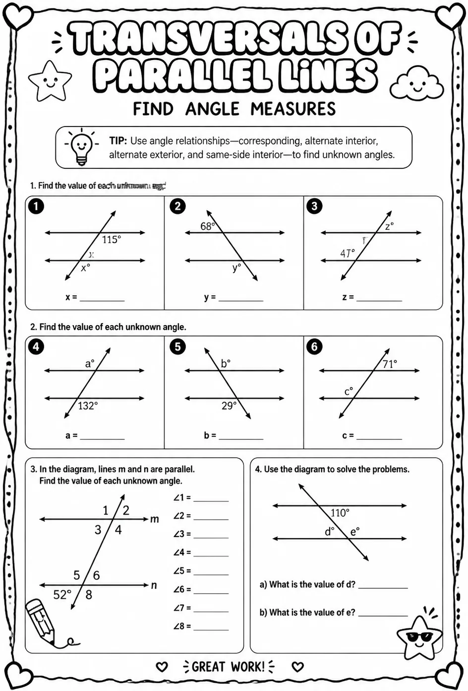 Transversals of parallel lines: find angle measures
