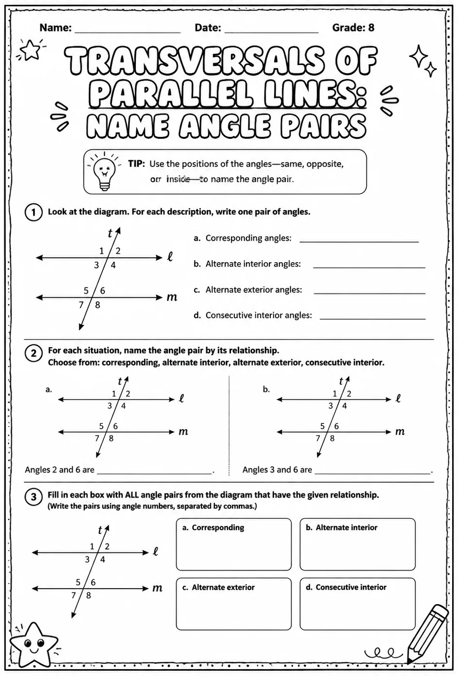 Transversals of parallel lines: name angle pairs