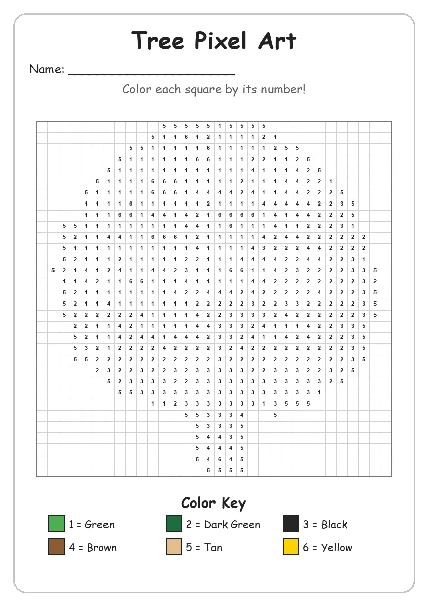 Tree Pixel Art — Color by Number (Grade 2)