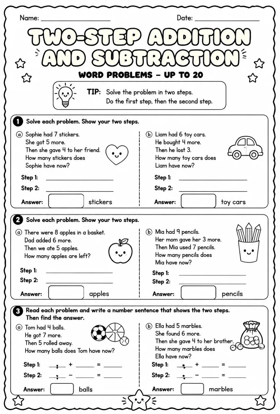 Two-step addition and subtraction word problems - up to 20