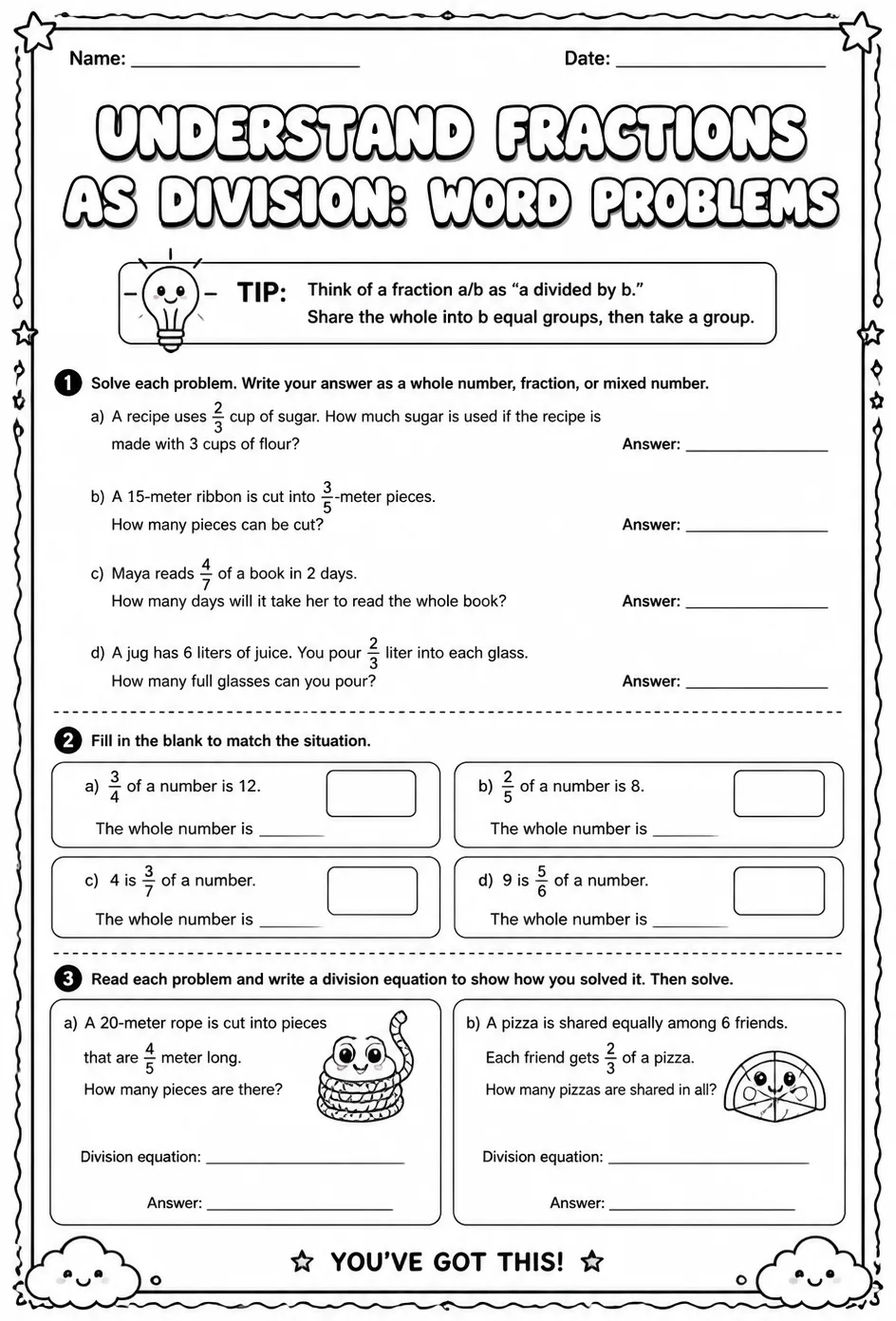 Understand fractions as division: word problems