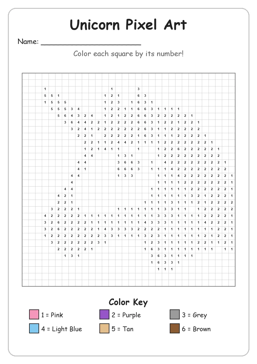 Unicorn Pixel Art — Color by Number (Grade 2)