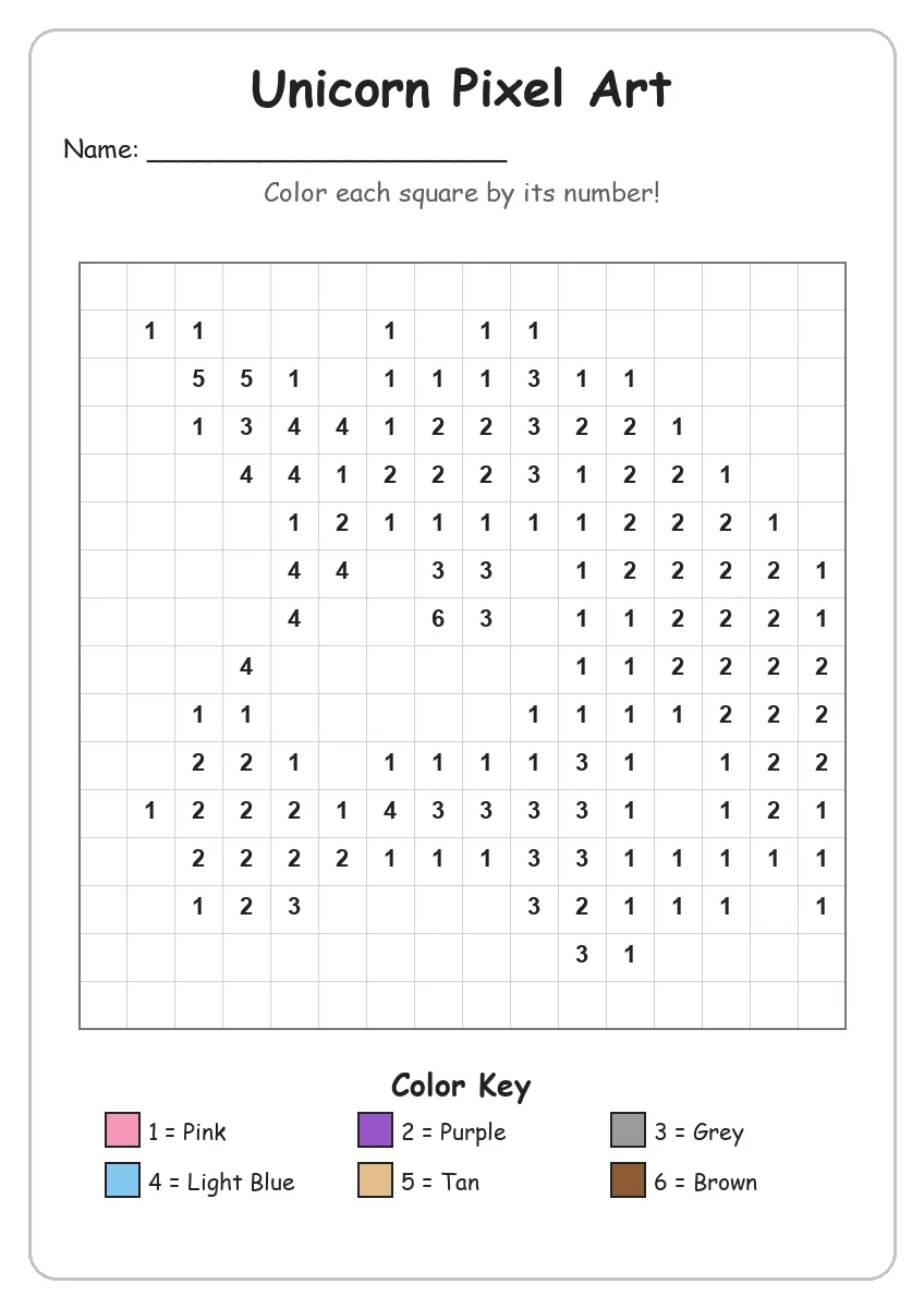 Unicorn Pixel Art — Color by Number (Kindergarten)