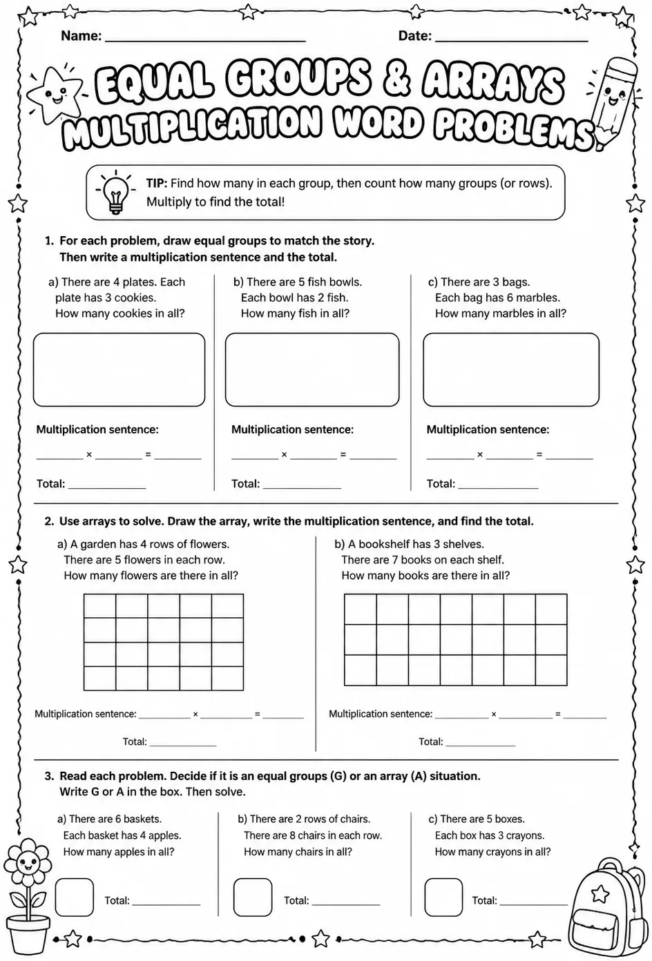 Use equal groups and arrays to solve multiplication word problems