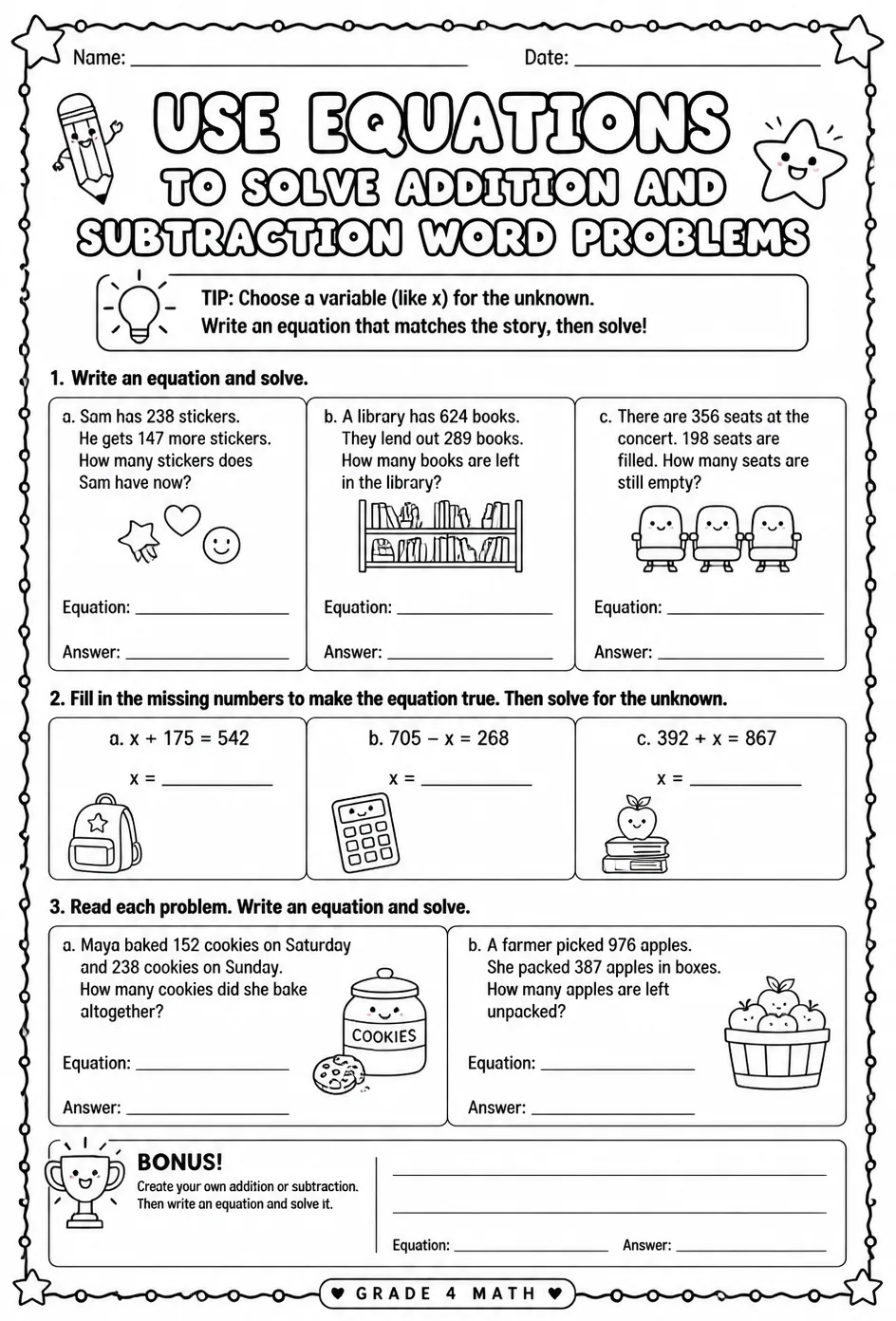 Use equations to solve addition and subtraction word problems