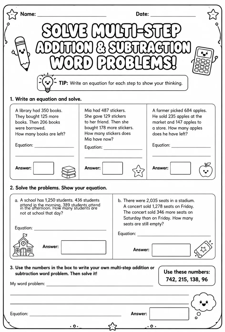 Use equations to solve multi-step addition and subtraction word problems