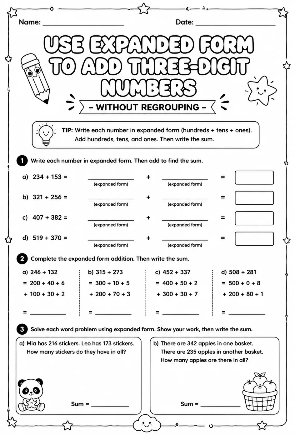 Use expanded form to add three-digit numbers - without regrouping