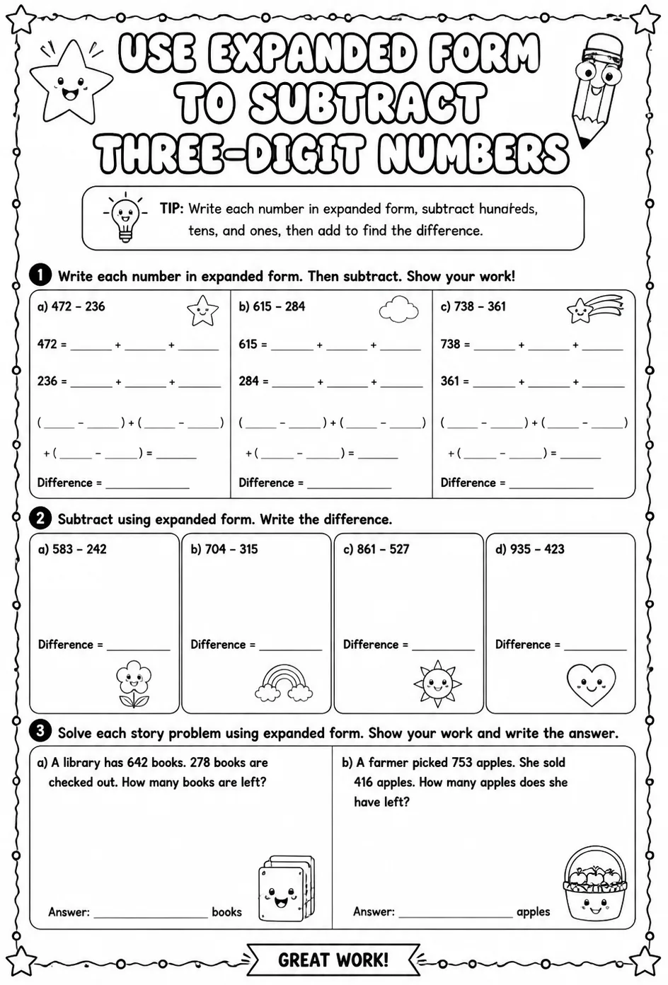 Use expanded form to subtract three-digit numbers