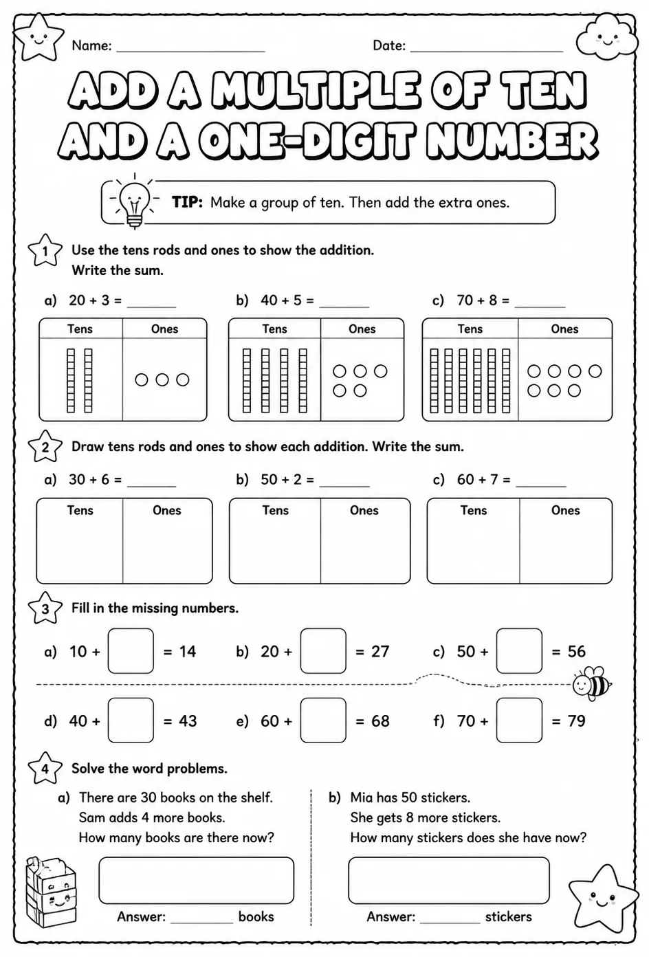 Use models to add a multiple of ten and a one-digit number
