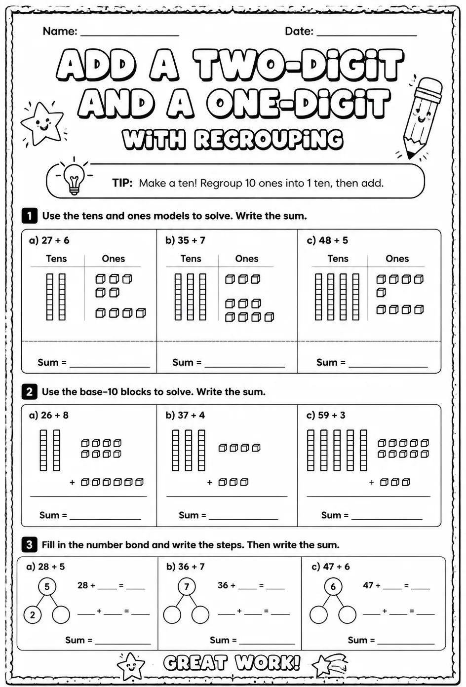 Use models to add a two-digit and a one-digit number - with regrouping