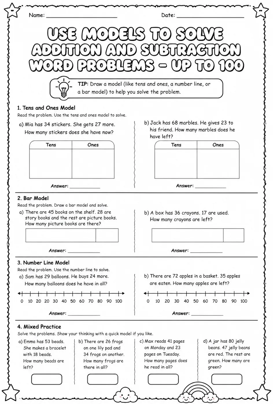 Use models to solve addition and subtraction word problems - up to 100