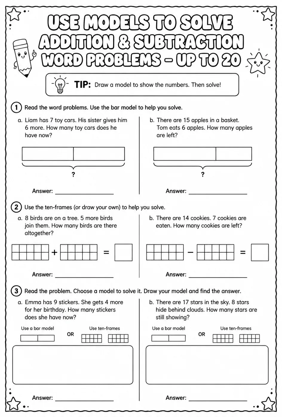 Use models to solve addition and subtraction word problems - up to 20