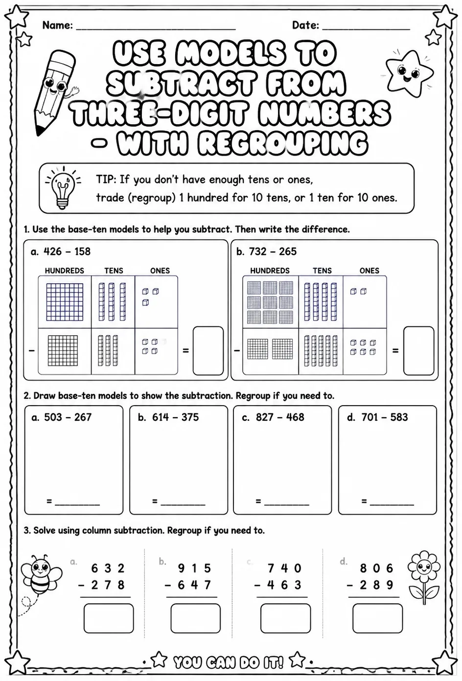 Use models to subtract from three-digit numbers - with regrouping