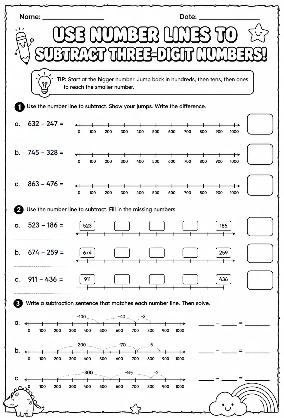 Use number lines to subtract three-digit numbers