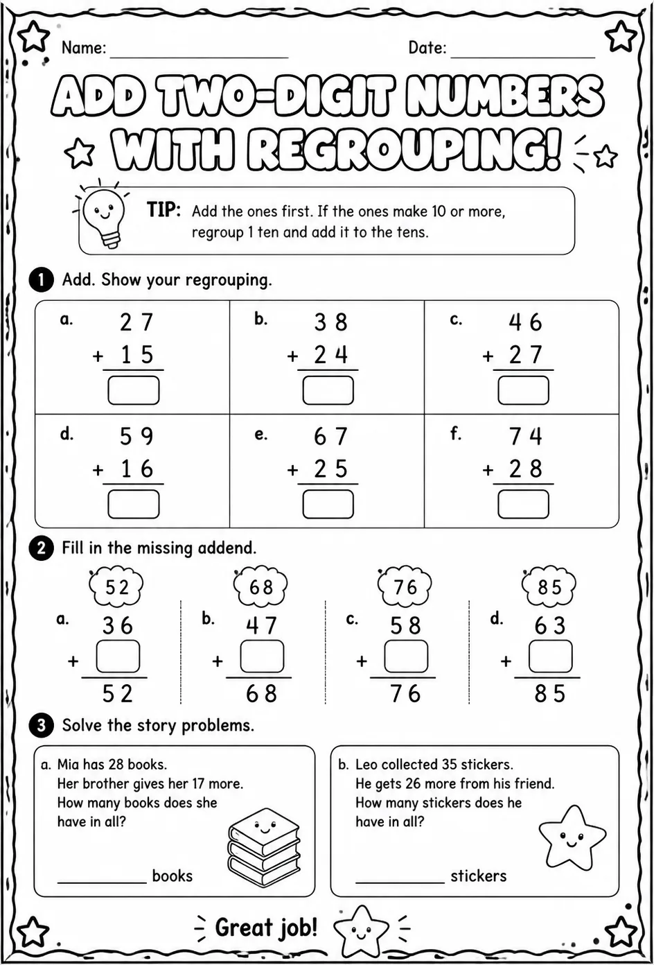 Use place value to add two-digit numbers - with regrouping